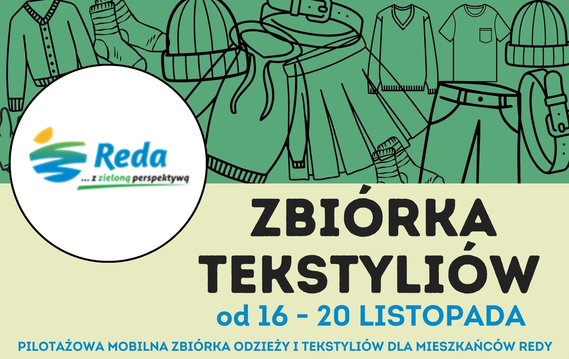 Pilotażowa mobilna zbiórka odzieży i tekstyliów dla mieszkańców Redy od 16-20 listopada 2026 roku.